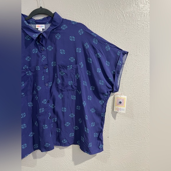 LuLaRoe Blue Geometric Print Button Down Shirt - Picture 2 of 8